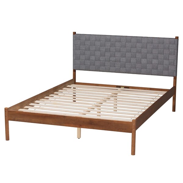 Baxton Studio Estela Mid-Century Modern Grey Woven Fabric and Walnut Brown Wood Queen Size Platform Bed - 245-13445-ZORO