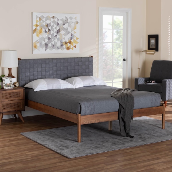Baxton Studio Estela Mid-Century Modern Grey Woven Fabric and Walnut Brown Wood Queen Size Platform Bed - 245-13445-ZORO
