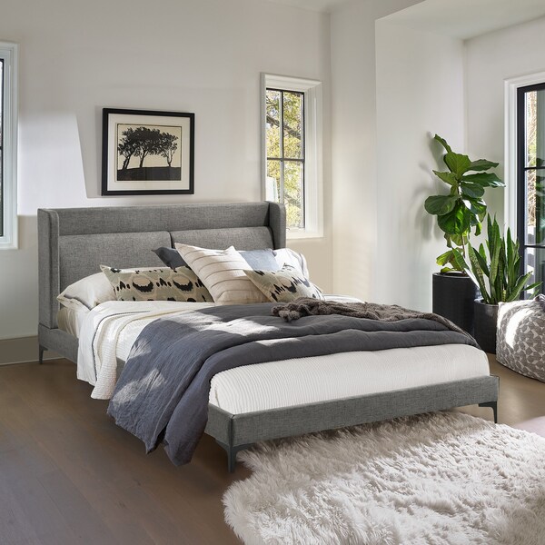 Armen Living Legend Gray Fabric Queen Platform Bed with Black Metal Legs - LCLEBDCHQN