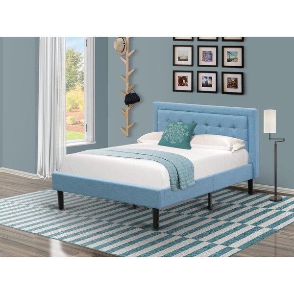 East West Furniture East West Furniture FNF-11-F Fannin Platform Full Size Bed Frame - Denim Blue Linen Fabric Upholestered Bed Headboard with Button Tufted Trim Design - Black Legs - FNF-11-F