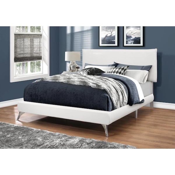 Gfancy Fixtures 47.25 in. White Solid Wood MDF Foam & Linen Queen Sized Bed with Chrome Legs - GF3100201