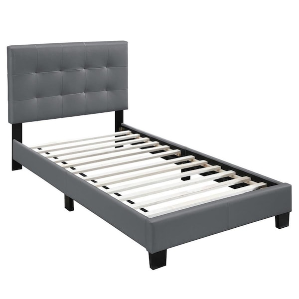 Deluxdesigns Twin Size Leatherette Bed with Checkered Tufted Headboard, Gray - 43 x 79 x 43 in. - DE2530979
