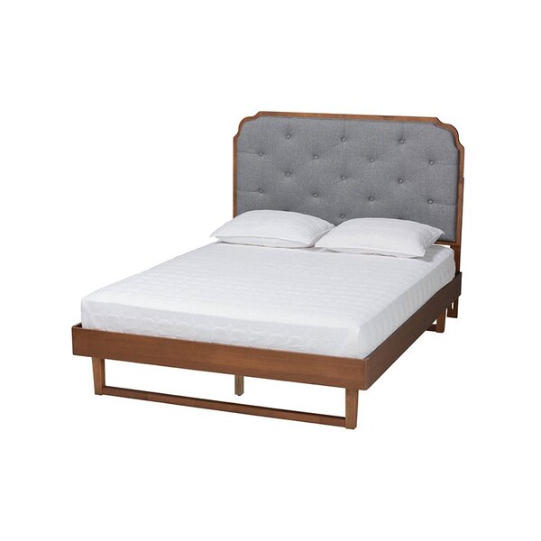 Baxton Studio Roald Mid-Century Modern Grey Fabric and Walnut Brown Wood Queen Size Platform Bed - 246-12644-9411-ZORO