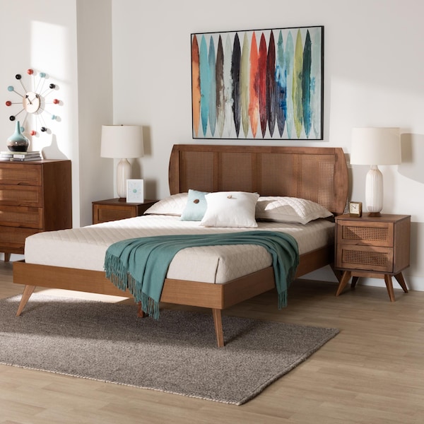 Baxton Studio Asami Mid-Century Modern Walnut Brown Finished Wood and Woven Rattan Full Size 3-Piece Bedroom Set - 242-11116-9407-11298-11298-ZORO