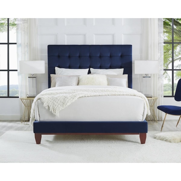Posh Living Blake Velvet Button Tufted Platform Bed King Size - Navy - BD24-02NYK-UE