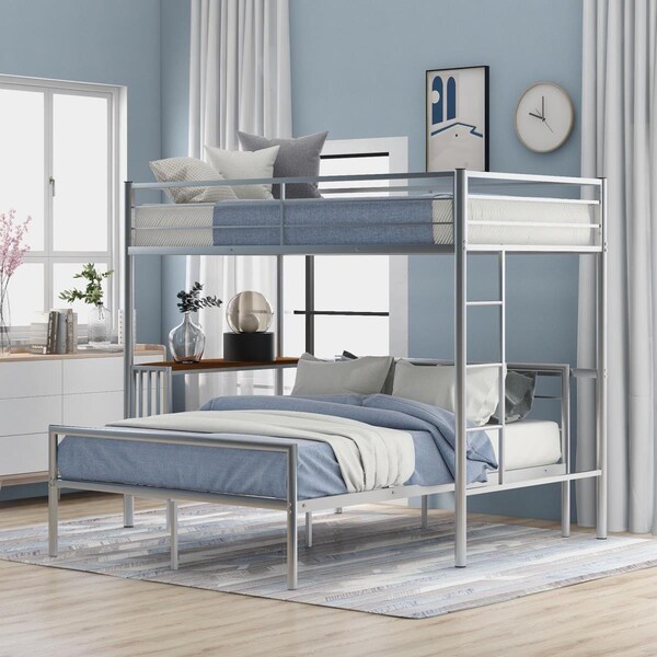 Gfancy Fixtures Silver Over Full Size Metal Bunk Bed with Desk - Twin Size - GF3100635
