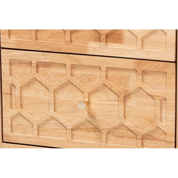 Baxton Studio Hosea Japandi Carved Honeycomb Natural Queen Size 4-Piece Bedroom Set - 246-13619-13627-13622-13623-ZORO