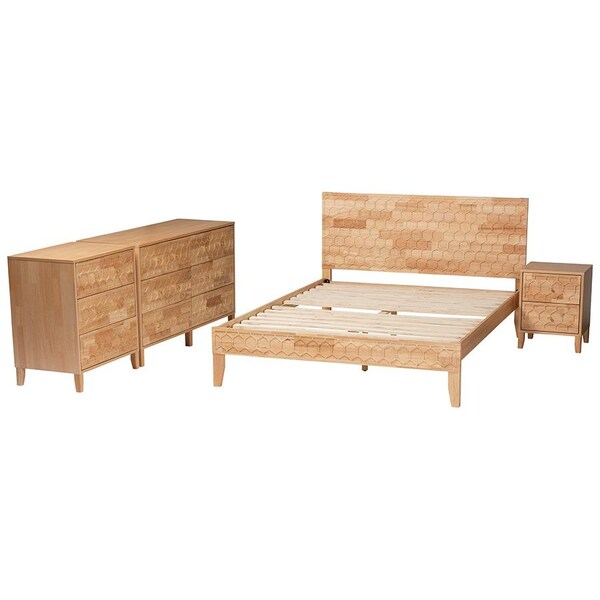 Baxton Studio Hosea Japandi Carved Honeycomb Natural Queen Size 4-Piece Bedroom Set - 246-13619-13627-13622-13623-ZORO