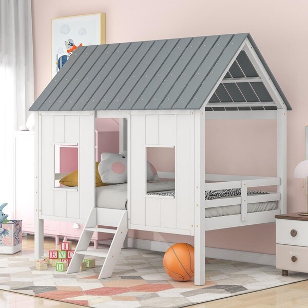 Gfancy Fixtures Play House with Windows & Roof White Twin Size Low Loft Bed - GF2456808