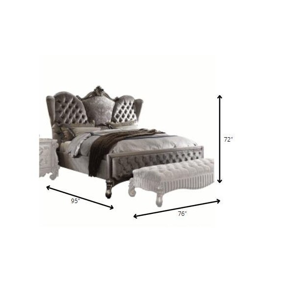 Homeroots 76 x 95 x 72 in. Velvet Antique Platinum Upholstery Poly Resin Queen Bed - 348196