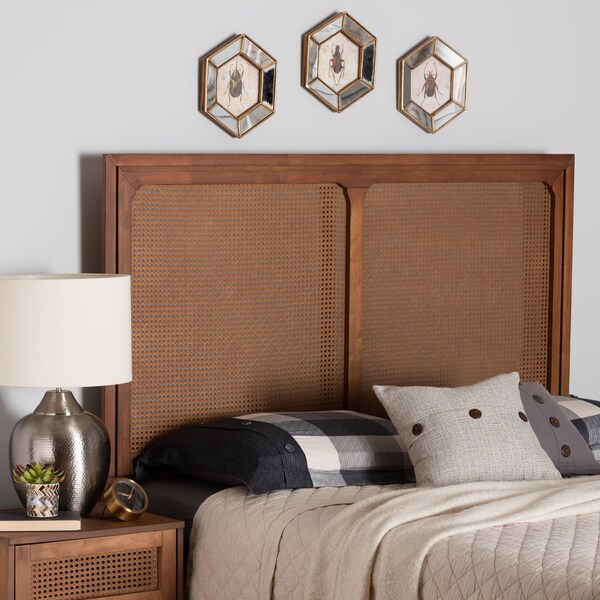 Baxton Studio Prewitt Mid-Century Modern Ash Walnut Finished Wood King Size Headboard with Rattan - 238-12657-ZORO
