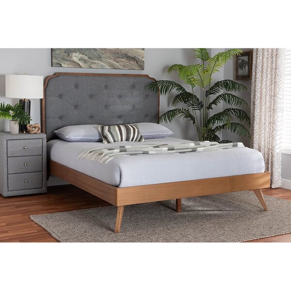 Baxton Studio Lorana Mid-Century Modern Grey Fabric and Walnut Brown Wood Queen Size Platform Bed - 246-12644-9408-ZORO