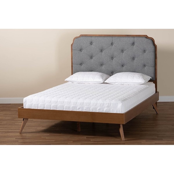 Baxton Studio Lorana Mid-Century Modern Grey Fabric and Walnut Brown Wood Queen Size Platform Bed - 246-12644-9408-ZORO