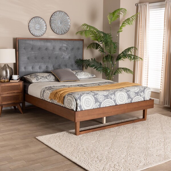Baxton Studio Bryn Classic and Traditional Grey Fabric and Walnut Brown Finished Wood King Size Platform Bed - 237-12639-9412-ZORO