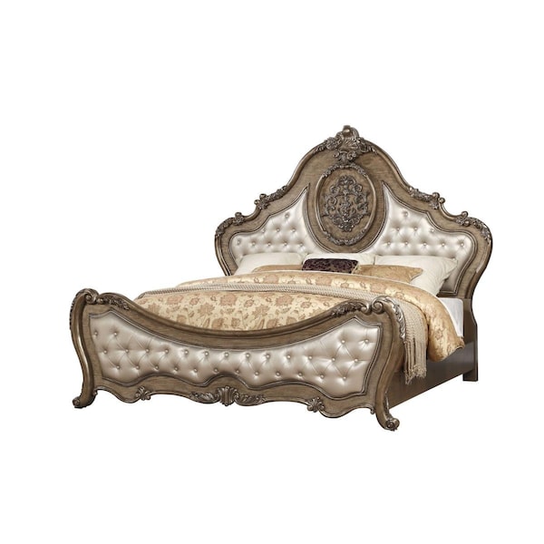 Homeroots 73 x 89 x 76 in. Polyurethane Vintage Oak Wood Upholstery Queen Bed - 347087