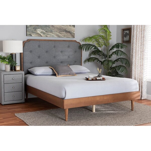 Baxton Studio Garron Mid-Century Modern Grey Fabric and Walnut Brown Wood Queen Size Platform Bed - 246-12644-9814-ZORO