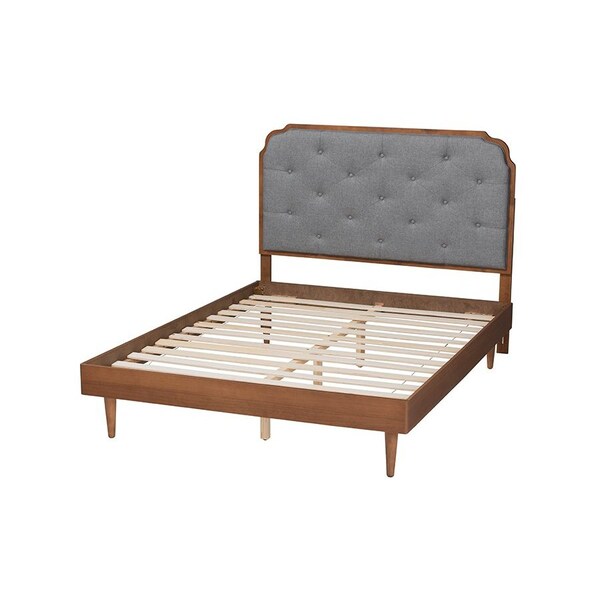 Baxton Studio Garron Mid-Century Modern Grey Fabric and Walnut Brown Wood Queen Size Platform Bed - 246-12644-9814-ZORO