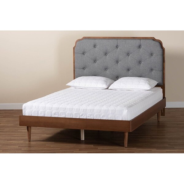 Baxton Studio Garron Mid-Century Modern Grey Fabric and Walnut Brown Wood Queen Size Platform Bed - 246-12644-9814-ZORO