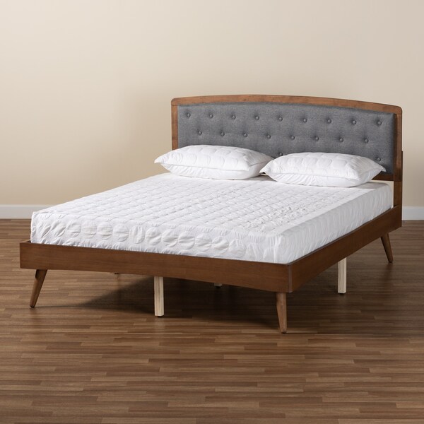 Baxton Studio Ratana Transitional Grey Fabric Upholstered and Walnut Brown Finished Wood Platform Bed-King - 201-11593