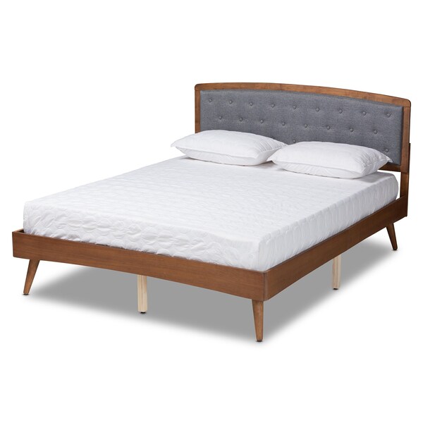 Baxton Studio Ratana Transitional Grey Fabric Upholstered and Walnut Brown Finished Wood Platform Bed-King - 201-11593