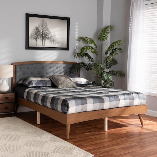 Baxton Studio Ratana Transitional Grey Fabric Upholstered and Walnut Brown Finished Wood Platform Bed-King - 201-11593