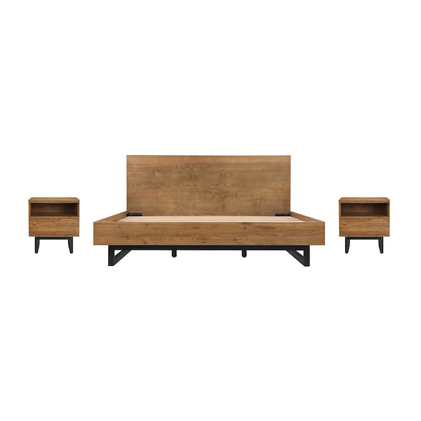Armen Living Aldo King Size 3 Piece Platform Bed Frame Bedroom Set in Brown Oak Wood and Black Metal - SETAOBDBRKG3A