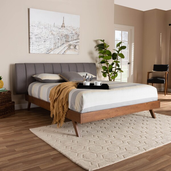 Baxton Studio Brita Grey Upholstered Walnut Finished Wood Queen Size Bed - 157-9563