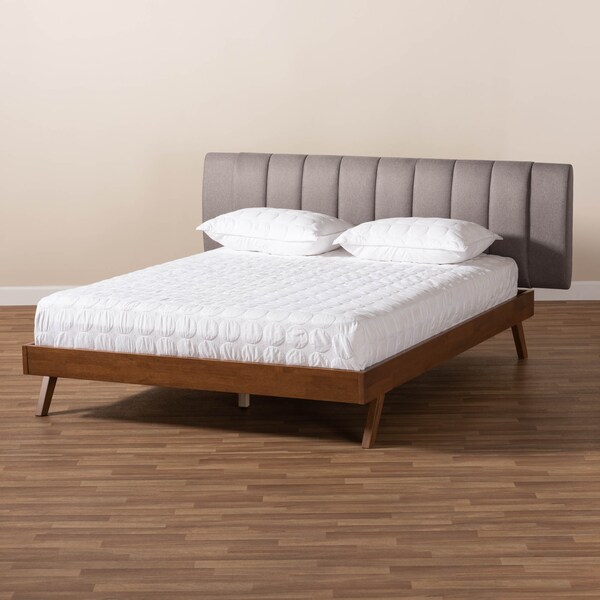 Baxton Studio Brita Grey Upholstered Walnut Finished Wood Queen Size Bed - 157-9563