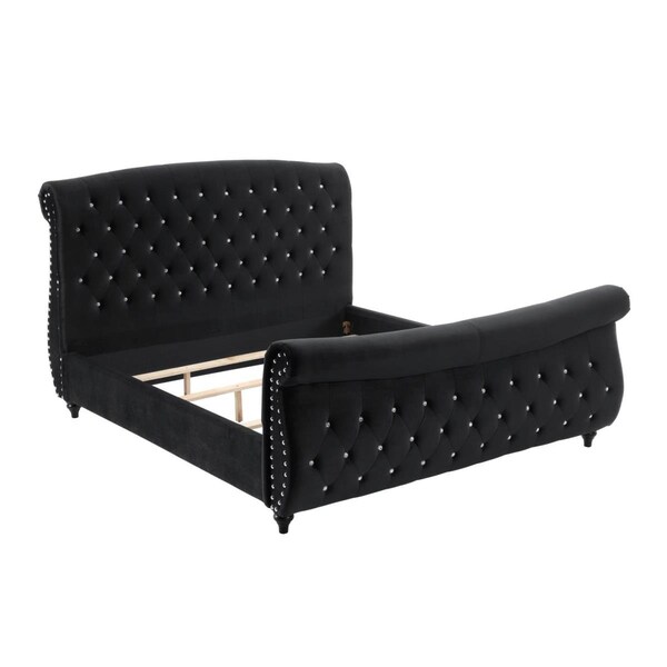 Kd Gabinetes Jennifer Black Velvet Tufted With Crystal-Like Studs Platform Queen Size Bed - KD2207589