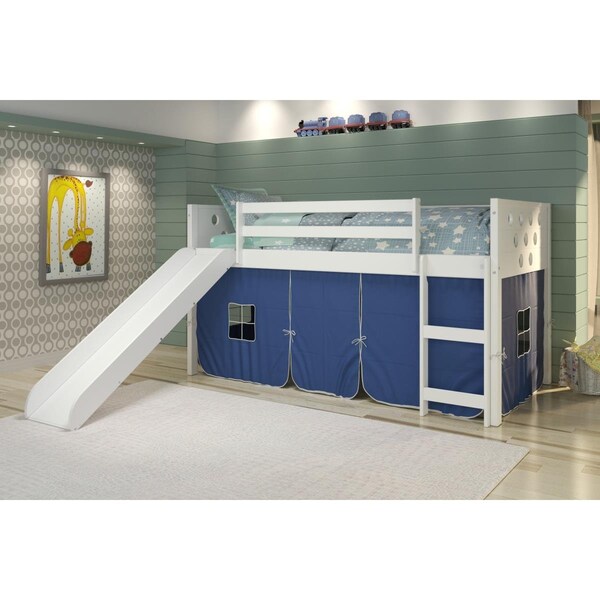 Kd Gabinetes PD-780ATW-B-785W Twin Size Circles Low Loft with Slide & Blue Tent in White - KD3184469
