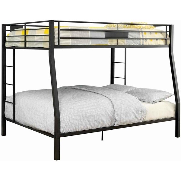 Benjara Horizontal Slatted Metal Bunk Bed with 2 Ladders, Black - Full Over Queen Size - BM217535