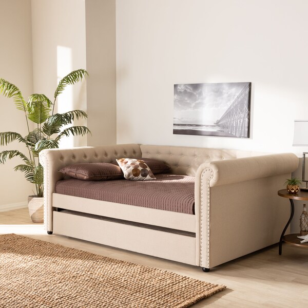 Baxton Studio Mabelle Beige Upholstered Full Size Daybed with Trundle - 154-9481
