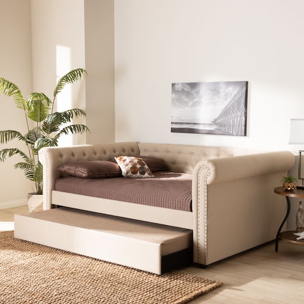 Baxton Studio Mabelle Beige Upholstered Full Size Daybed with Trundle - 154-9481