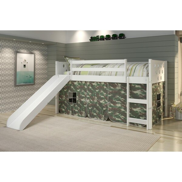 Kd Gabinetes PD-780ATW-C-785W Twin Size Circles Low Loft with Slide & Camo Tent in White - KD3177767
