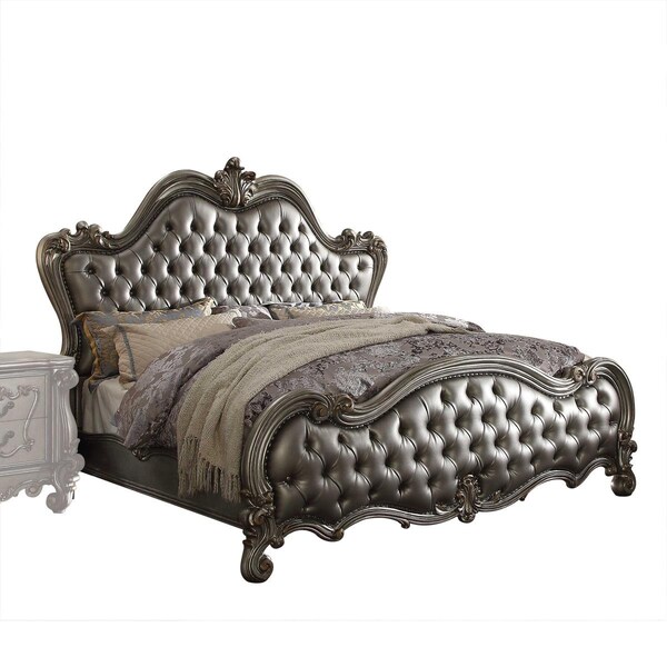 Gfancy Fixtures 91 x 92 x 75 in. Silver PU Antique Platinum Upholstery Poly Resin Eastern King Bed - GF3092653