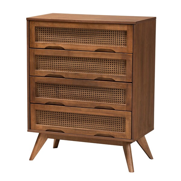 Baxton Studio Melora Mid-Century Modern Walnut Brown Finished Wood and Rattan Twin Size 5-Piece Bedroom Set - 241-11178-11179-11298-11298-11299-11300-ZORO