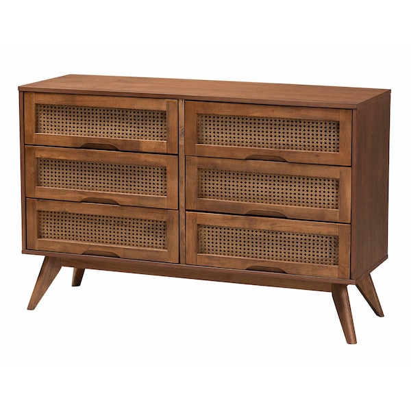 Baxton Studio Melora Mid-Century Modern Walnut Brown Finished Wood and Rattan Twin Size 5-Piece Bedroom Set - 241-11178-11179-11298-11298-11299-11300-ZORO