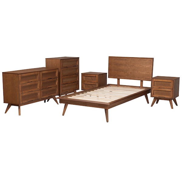 Baxton Studio Melora Mid-Century Modern Walnut Brown Finished Wood and Rattan Twin Size 5-Piece Bedroom Set - 241-11178-11179-11298-11298-11299-11300-ZORO