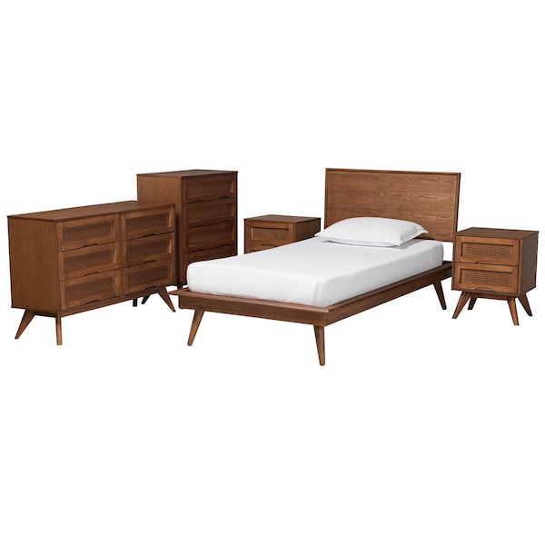 Baxton Studio Melora Mid-Century Modern Walnut Brown Finished Wood and Rattan Twin Size 5-Piece Bedroom Set - 241-11178-11179-11298-11298-11299-11300-ZORO