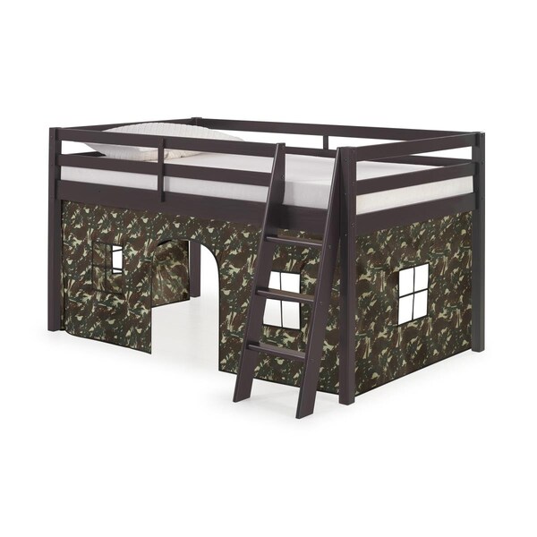 Kd Cama De Bebe Roxy Twin Wood Junior Loft Bed with Espresso with Green Camo Bottom Tent - KD3236261