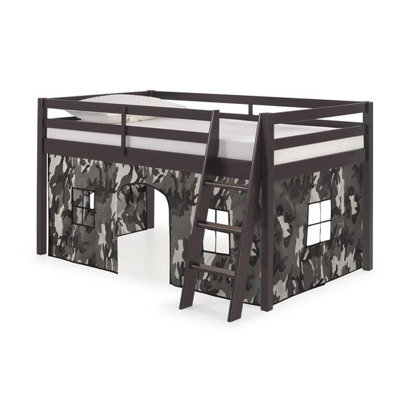 Kd Cama De Bebe Roxy Twin Wood Junior Loft Bed with Espresso with Gray Camo Bottom Tent - KD3862127