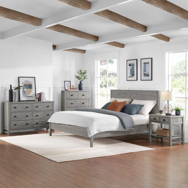 Alaterre Furniture Arden 4-Pc Bedroom Set w/King Bed, 2-Drwr Nightstand w/open shelf, 5-Drwr Chest, 6-Drwr Dresser, Gry - ANAN02344032
