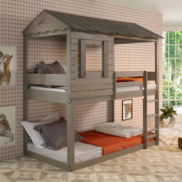 Acme Farmhouse Wood Twin Over Twin Bunk Bed in Rustic Gray - ER-0266GY