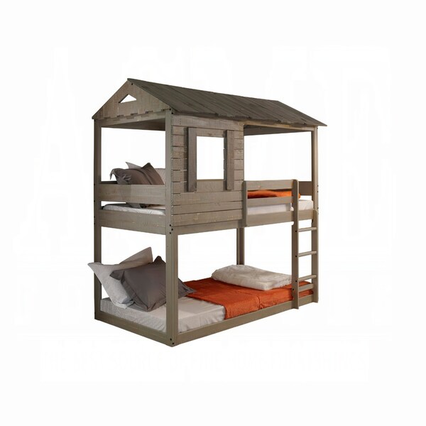 Acme Farmhouse Wood Twin Over Twin Bunk Bed in Rustic Gray - ER-0266GY