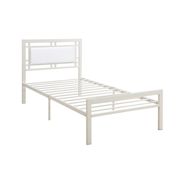Poundex Twin Metal Bed Frame with Slats in White with Faux Leather Panel - F9414T