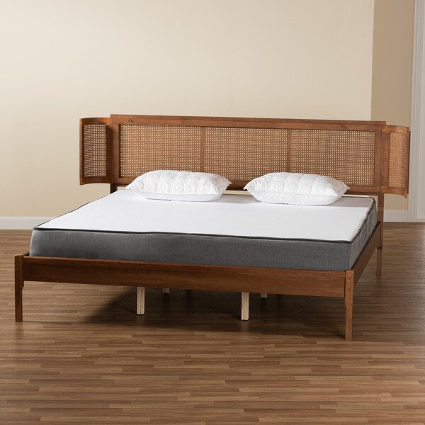 Baxton Studio Eridian MidCentury Modern Walnut Brown Finished Wood and Natural Rattan King Size Platform Bed - 222-11892-ZORO