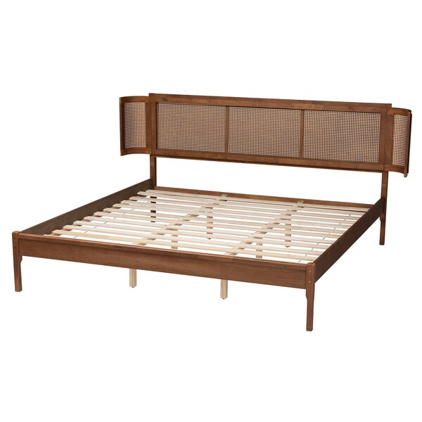 Baxton Studio Eridian MidCentury Modern Walnut Brown Finished Wood and Natural Rattan King Size Platform Bed - 222-11892-ZORO
