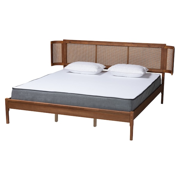 Baxton Studio Eridian MidCentury Modern Walnut Brown Finished Wood and Natural Rattan King Size Platform Bed - 222-11892-ZORO