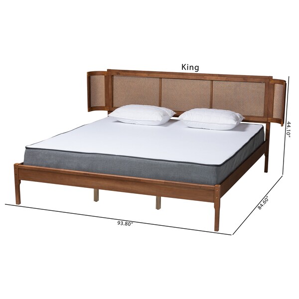 Baxton Studio Eridian MidCentury Modern Walnut Brown Finished Wood and Natural Rattan King Size Platform Bed - 222-11892-ZORO