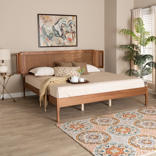 Baxton Studio Eridian MidCentury Modern Walnut Brown Finished Wood and Natural Rattan King Size Platform Bed - 222-11892-ZORO